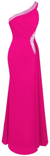 Angel-fashions Damen One-Shoulder-Kleid Rüschen Perlenbesatz Schleife Weich Abendkleid Pink Size 48 von Angel-fashions