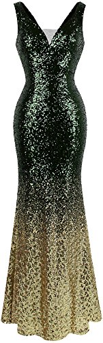 Angel-fashions Damen Pailletten V-Ausschnitt Ballon Gatsby Flapper Abendkleid (S, Grün Gold) von Angel-fashions
