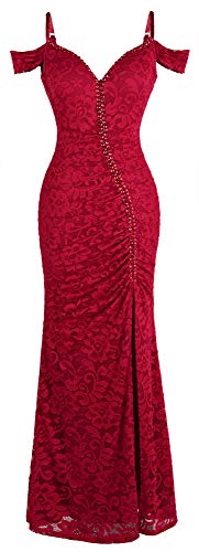 Angel-fashions Damen V-Ausschnitt Spitze Teilt Gekräuselt Bördeln Mantel Hochzeitskleid (L, Schulterfrei rot) von Angel-fashions