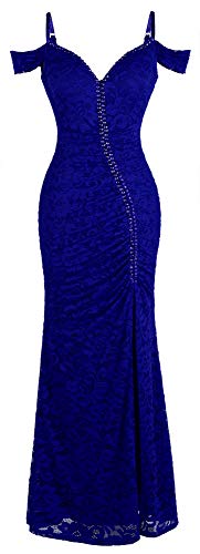 Angel-fashions Damen V-Ausschnitt Spitze Teilt Gekräuselt Bördeln Mantel Hochzeitskleid (S, Schulterfrei blau) von Angel-fashions