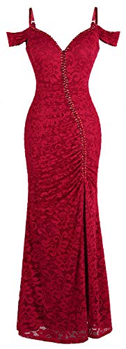 Angel-fashions Damen V-Ausschnitt Spitze Teilt Gekräuselt Bördeln Mantel Hochzeitskleid (XL, Schulterfrei rot) von Angel-fashions
