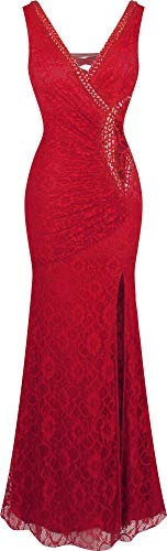 Angel-fashions Damen V-Ausschnitt Spitze Teilt Gekräuselt Bördeln Mantel Hochzeitskleid (XXL, rot) von Angel-fashions
