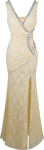 Angel-fashions Damen V-Ausschnitt Spitze Teilt Rusche Perlstickerei Mantel Kleid Large Champagner von Angel-fashions