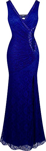 Angel-fashions Damen V-Ausschnitt Spitze Teilt Rusche Perlstickerei Mantel Kleid Large Dunkelblau von Angel-fashions