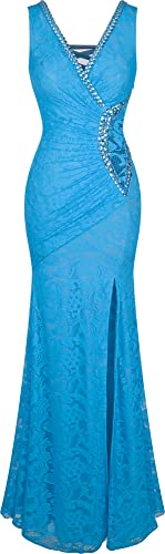 Angel-fashions Damen V-Ausschnitt Spitze Teilt Rusche Perlstickerei Mantel Kleid Large Hellblau von Angel-fashions