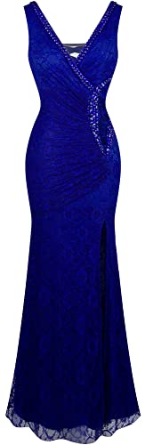 Angel-fashions Damen V-Ausschnitt Spitze Teilt Rusche Perlstickerei Mantel Kleid X-Large Dunkelblau von Angel-fashions