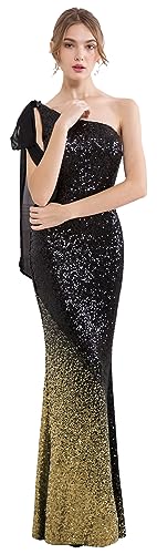 Angel-fashions Damen eine Schulter links Split Ballkleid Abendkleid, Schwarz / goldfarben., Large von Angel-fashions