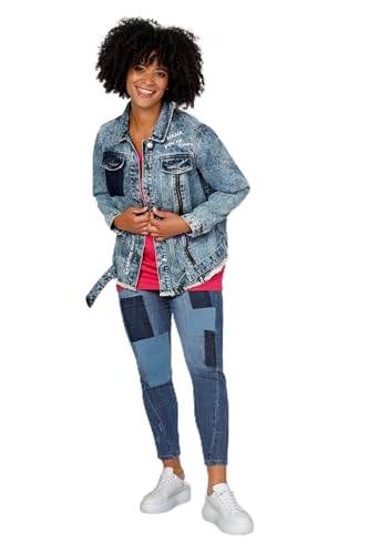 Angel of Style Damen große Größen Übergrößen Plus Size Jeansjacke, Used-Look, Rücken-Print, Zierzipper, Fransensaum mittelblau 46 201631716-46 von Angel of Style