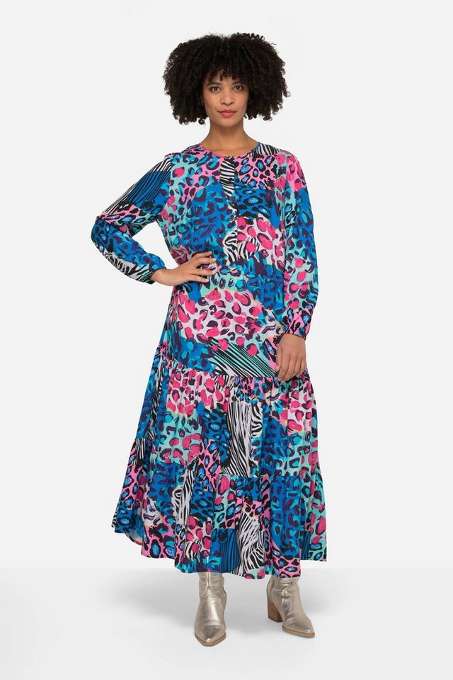 Angel of Style Jerseykleid Maxikleid farbiges Leo-Muster Rundhals Knopfleiste von Angel of Style
