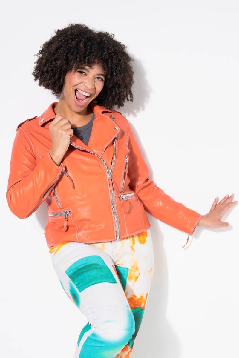 Große Größen Leder-Bikerjacke, Damen, orange, Größe: 52, Polyester/Leder, Angel of Style von Angel of Style