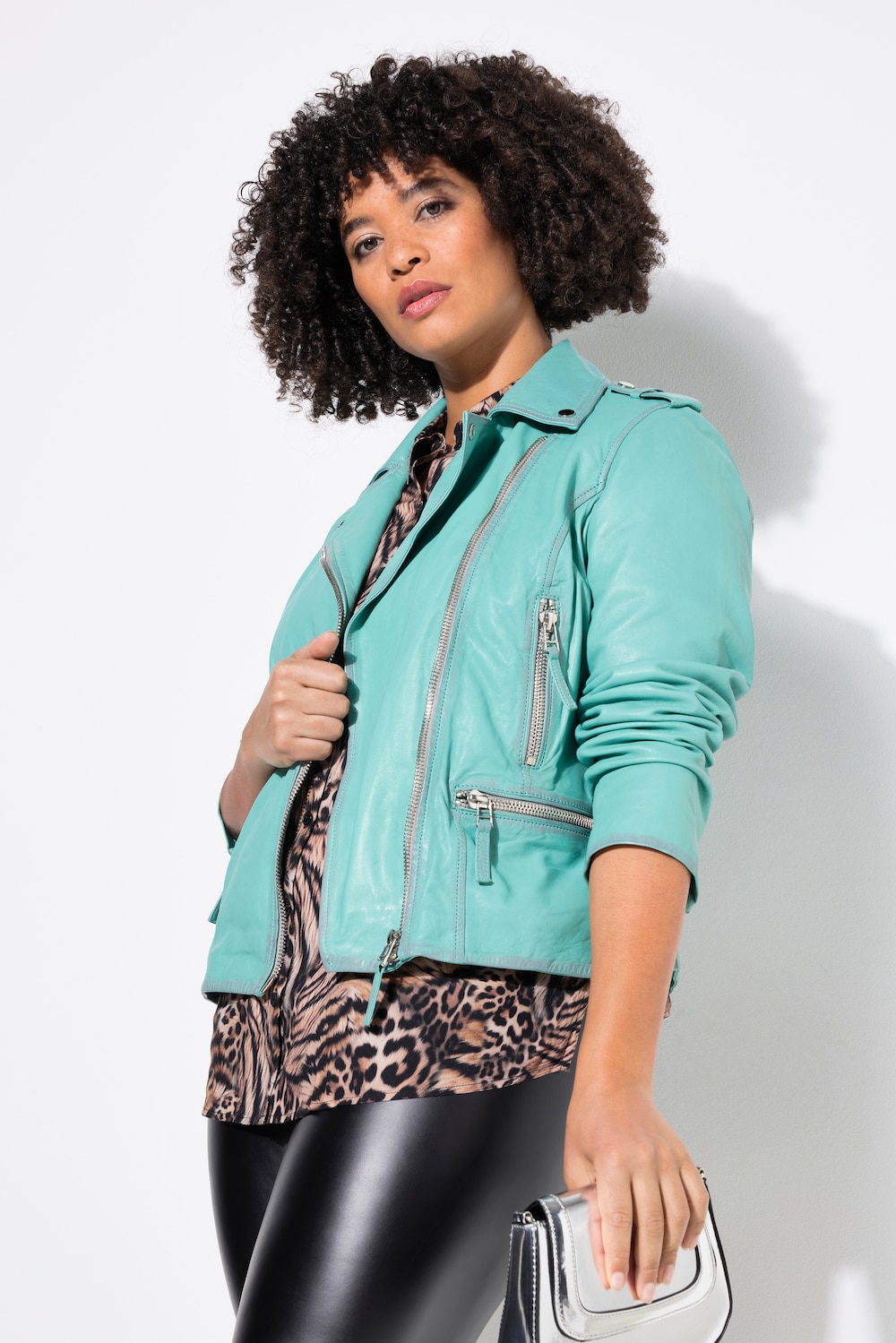 Große Größen Leder-Bikerjacke, Damen, türkis, Größe: 44, Polyester/Leder, Angel of Style von Angel of Style