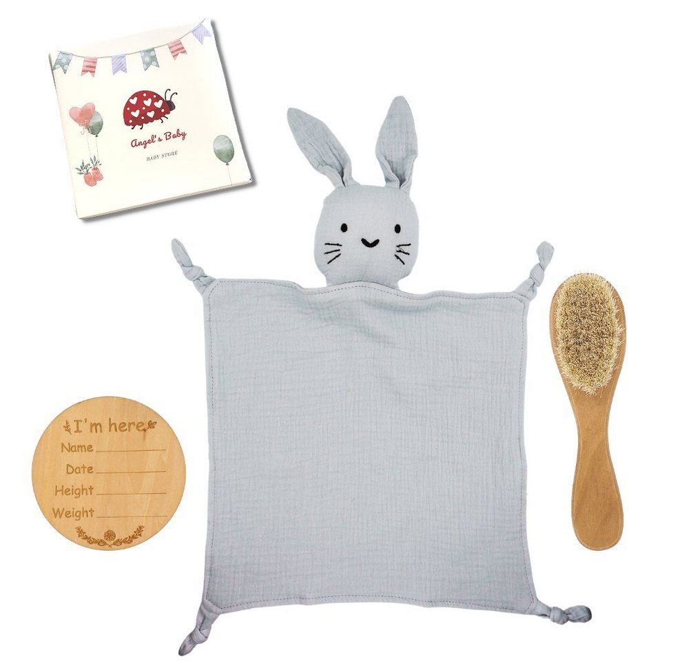 Angel's Baby Neugeborenen-Geschenkset Geschenk zur Geburt mit Schnuffeltuch, Babybürste und Meilenstein (Set, 3-tlg., 1 Schnuffeltuch, 1 Haarbürste, 1 Meilenstein + gratis Grußkarte) in niedlichem Design von Angel's Baby