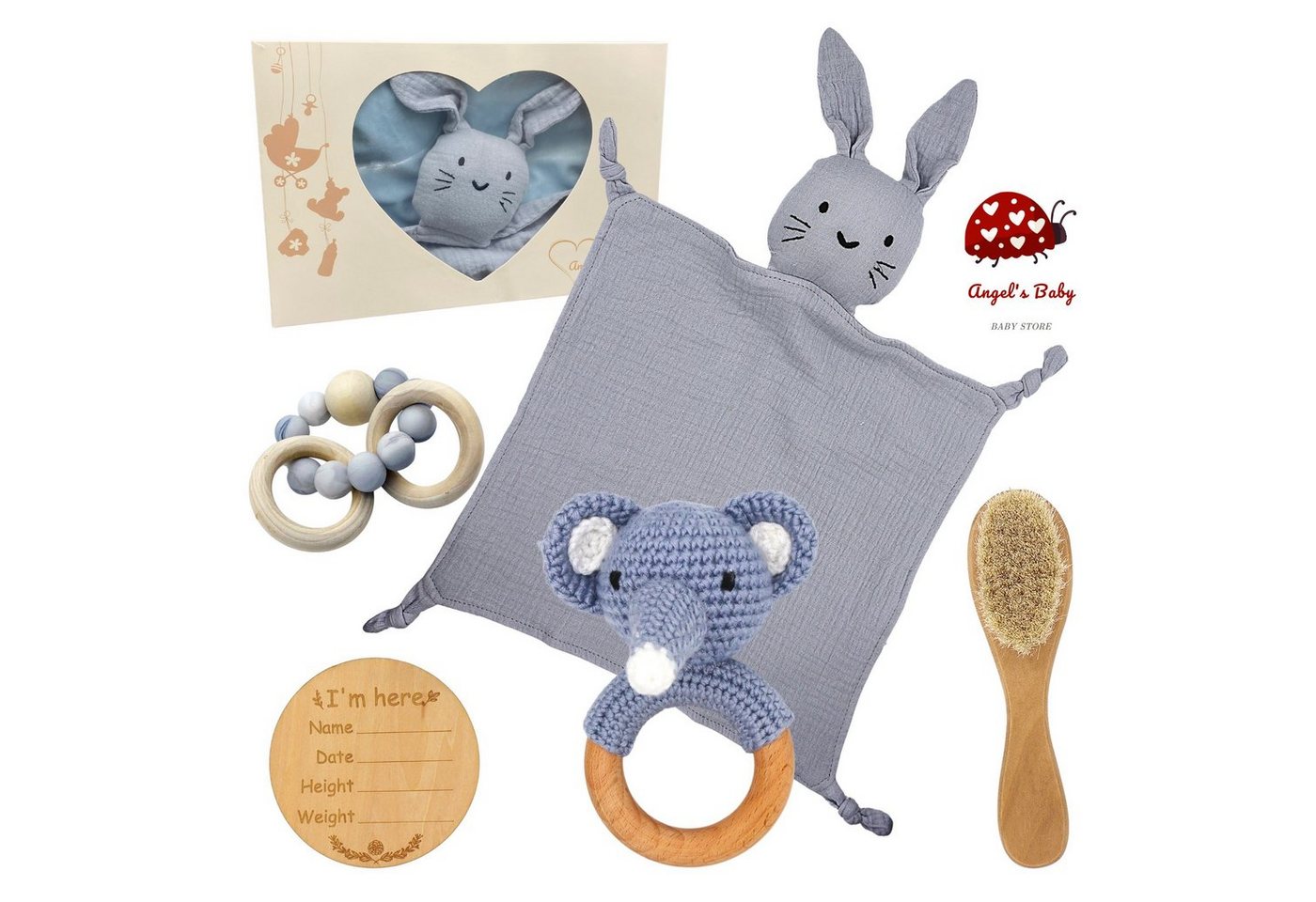 Angel's Baby Neugeborenen-Geschenkset Geschenk zur Geburt mit Schnuffeltuch, Babyrassel (Set, 5-tlg., mit Geschenkverpackung und Geburtskarte) 5 Teile + gratis Grußkarte, Baumwolle, in niedlichem Design von Angel's Baby