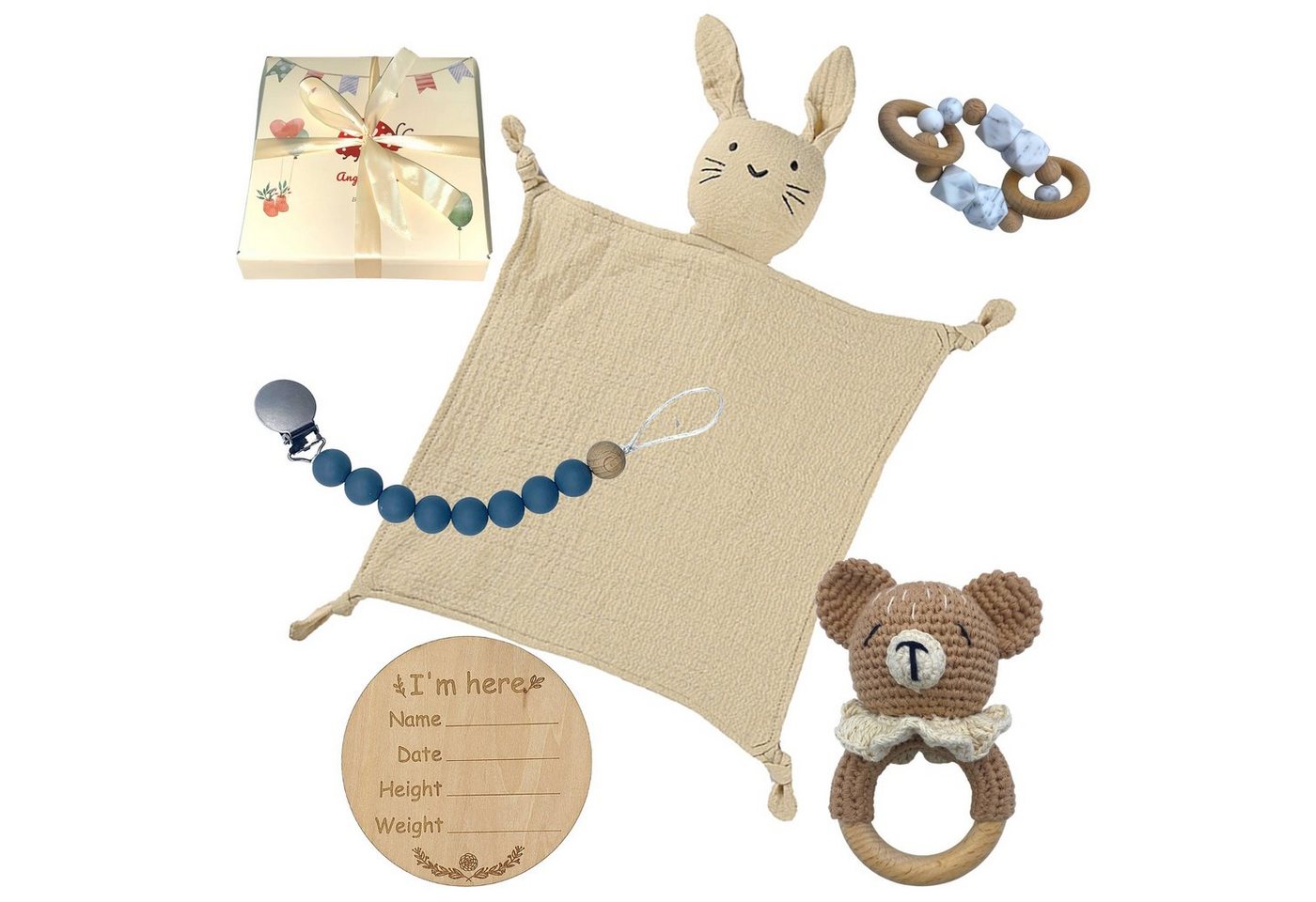 Angel's Baby Neugeborenen-Geschenkset Geschenk zur Geburt mit Schnuffeltuch, Babyrassel (Set, 5-tlg., mit Geschenkverpackung und Geburtskarte) 5 Teile + gratis Grußkarte, Baumwolle, in niedlichem Design von Angel's Baby