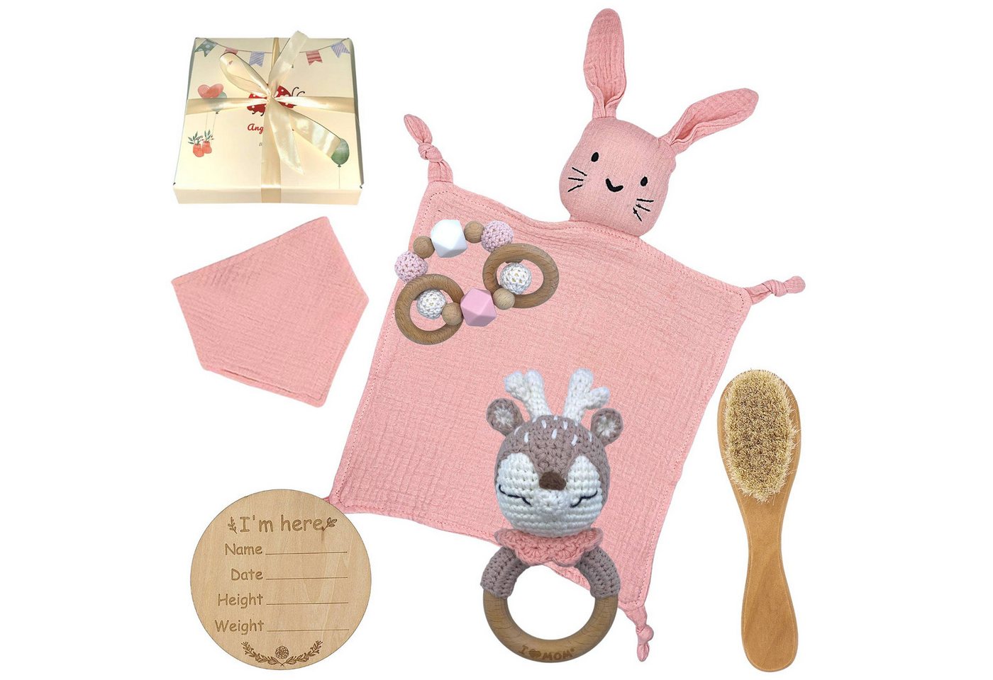 Angel's Baby Neugeborenen-Geschenkset Geschenk zur Geburt mit Schnuffeltuch, Babyrassel (Set, 6-tlg., mit Geschenkverpackung und Geburtskarte) 6 Teile + gratis Grußkarte, Baumwolle, in niedlichem Design von Angel's Baby