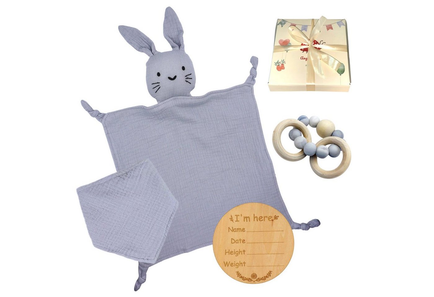 Angel's Baby Neugeborenen-Geschenkset Geschenk zur Geburt mit Schnuffeltuch, Beißring (Set, mit Geschenkverpackung + Grußkarte) 4 Teile + gratis Grußkarte, Geschenkbox von Angel's Baby