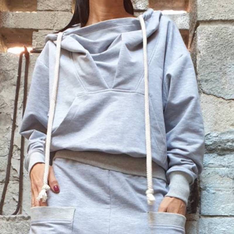 Baumwoll Kapuzen Bluse Sport Elegant Grau Langarm Top von AngelBySilvia