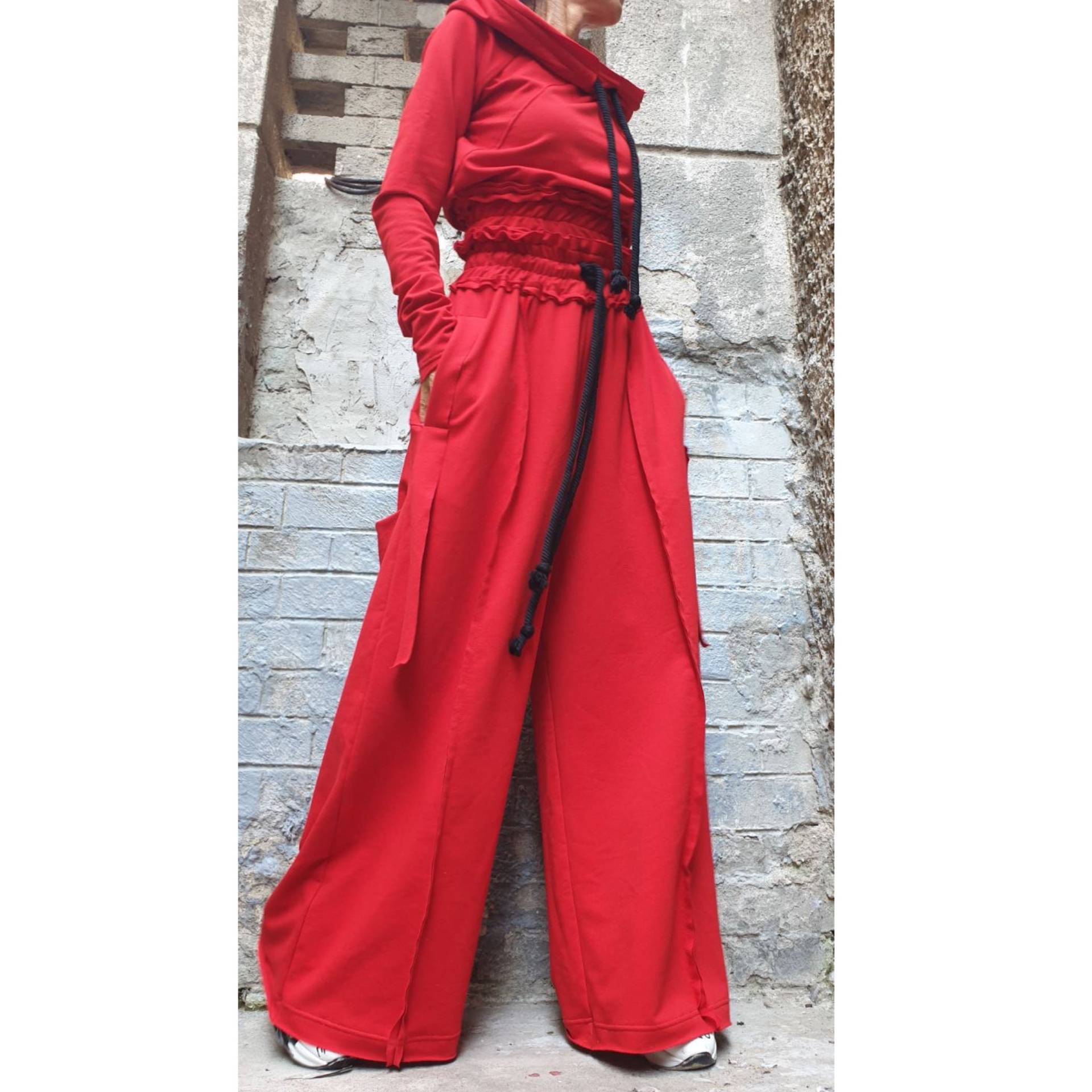 Extravagantes Rotes Set/Outwear-Frauen-Outfit/Hosen Mit Hoher Taille/Maxi-Frauenkleidung/Zweiteiliges Baumwoll-Set/Beiläufiges Set Kapuze/Lose Rote von AngelBySilvia