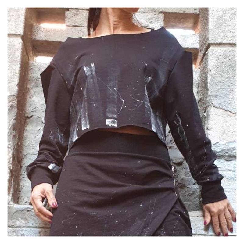 Neue Kollektion Kurze Handbemalte Bluse/Baumwolle Frauen Bluse/Langarm Top/Extravagante Frau Kleidung/Avantgarde Bluse/Top von AngelBySilvia