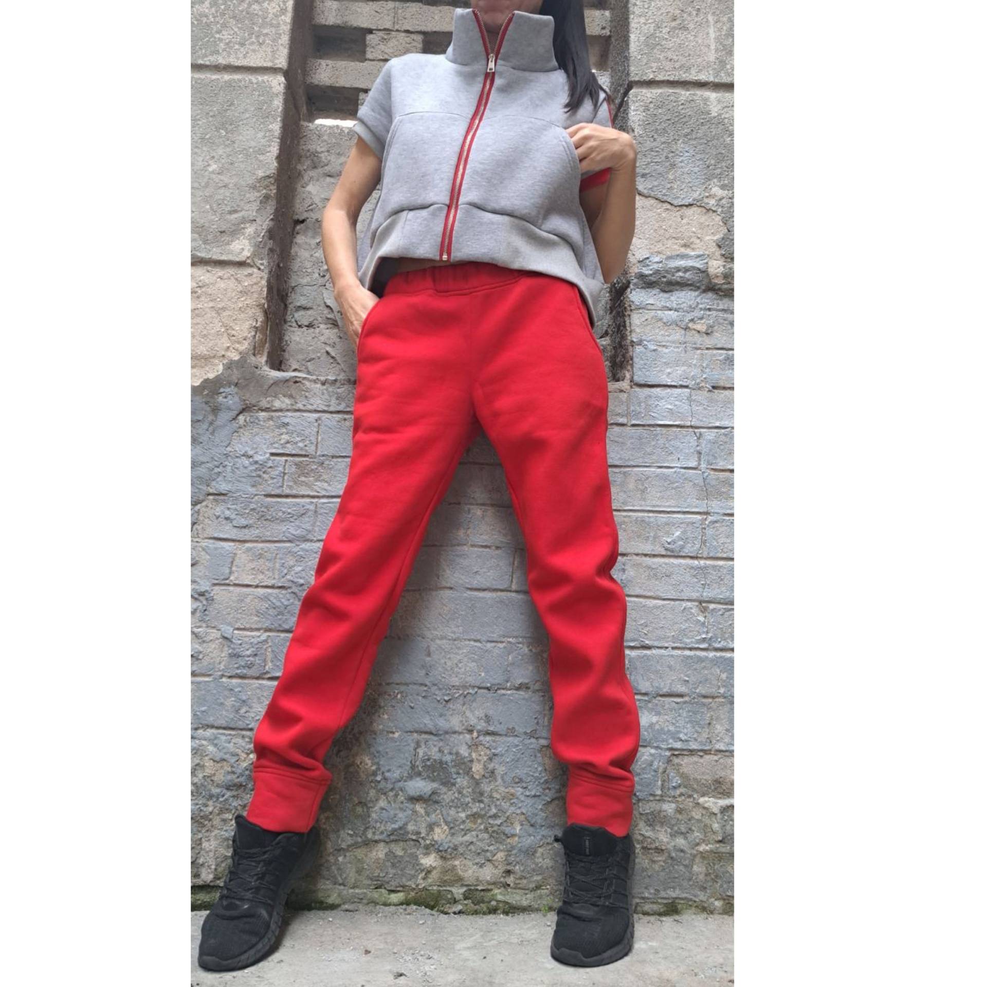 Rot & Grauer Trainingsanzug Set Hose Mit Hoher Taille, Kurzarm Top von AngelBySilvia