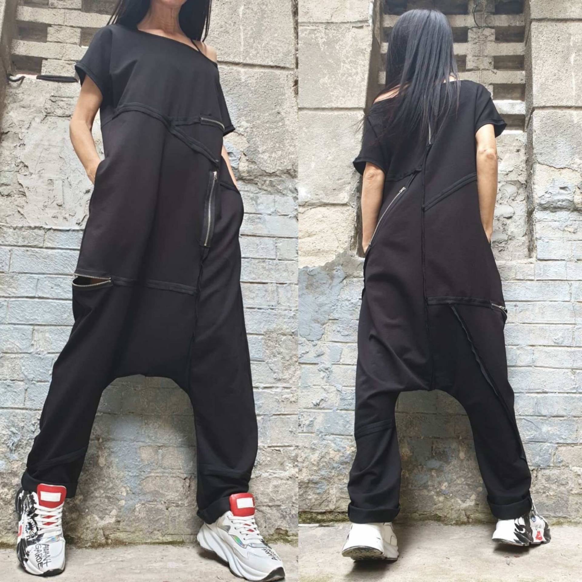 Urban Woman Jumpsuit/Harem Schwarz Overall Maxi Baumwoll Jeden Tag Lose Lässiger Reißverschluss Extravaganter von AngelBySilvia