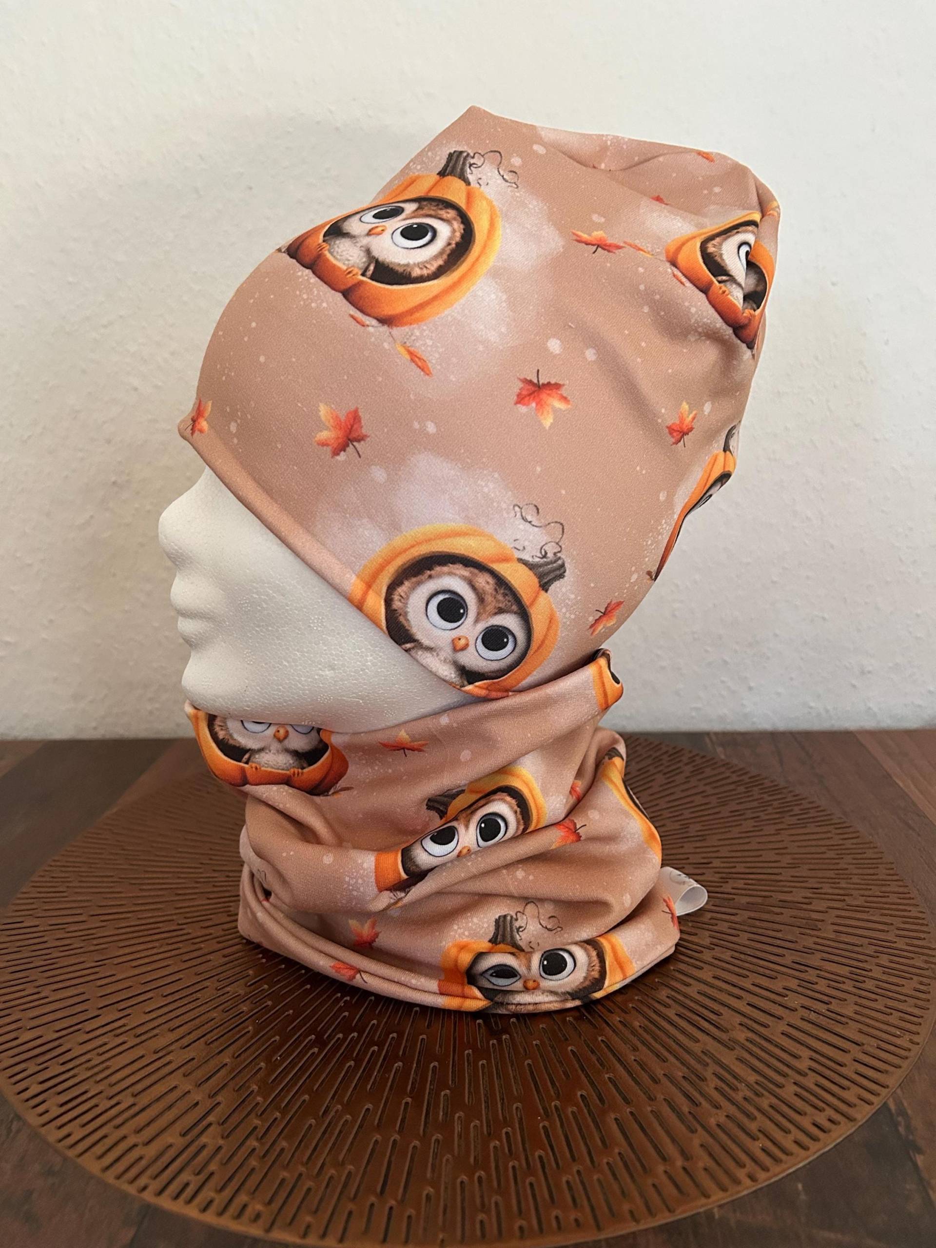 Beanie & Loop Set Herbst 37-56 cm | Zauberwald Kollektion Exklusives Handmade Design Mit Kürbiseule Frieda Mütze Loopschal Kinder von AngeleHandmadeShop