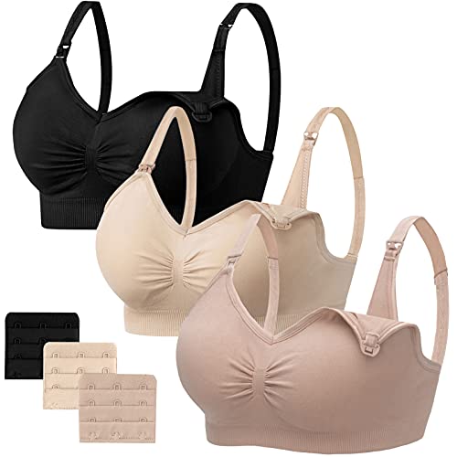 Angelhood Nahtloser Still-BH für Damen, zum Stillen, mit BH-Pads zum Entfernen von BH-Pads, 3 Stück, Schwarz/Beige/Hellrosa, XX-Large von Angelhood