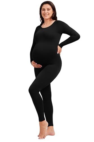 Angelhood Schwangerschafts-Body, gerippt, langärmelig, Einteiler, Yoga, Schwangerschafts-Overall, Shapewear, Schwarz, Mittel von Angelhood