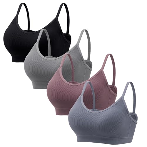 Angelhood Sport-BH-Set für Damen – Alltags-BHs mit V-Ausschnitt, gepolstert, nahtlos, ohne Bügel, Schwarz/Grau/Mauve/Luftiges Blau, Medium Angelhood Sport-BH-Set für Damen – Alltags-BHs mit V-Ausschnitt, gepolstert, nahtlos, ohne Bügel, Schwarz/Grau/Mauve/Luftiges Blau, Medium von Angelhood