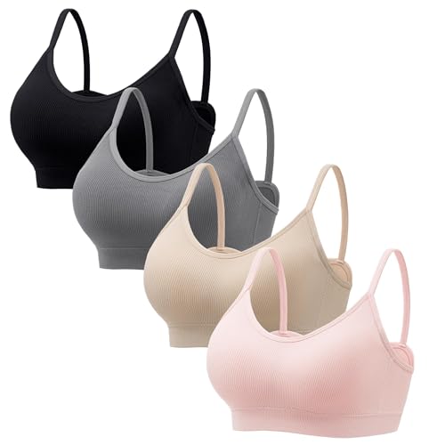 Angelhood Sport-Cami-BHs für Damen – Basic V-Ausschnitt, gepolstert, nahtlos, BHs ohne Bügel, Schwarz/Grau/Beige/Pink, Large von Angelhood