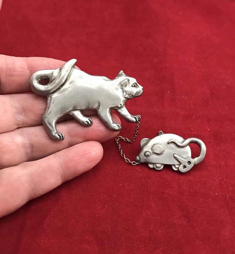 Katze Und Maus-Brosche. 1990 Möwe Zinn Kanada. Beweglich Wunderlichen Schmuck. Seltenes Sammlerstück Pin von AngelicBeaders