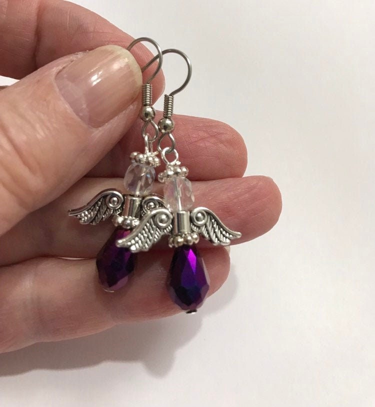 Lila Kristall Engel Ohrringe Bauchspeicheldrüsenkrebs von AngelicBeaders