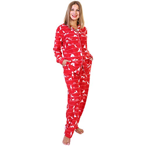 Angelina Damen Cozy Fleece Pyjama Set, Rote und weiße Katzen., XXL von Angelina