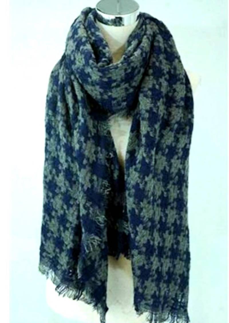 Hahnentritt Wollmischung Schal Navy Blau & Grau Karo Quaste Schal von AngelinaAccessories