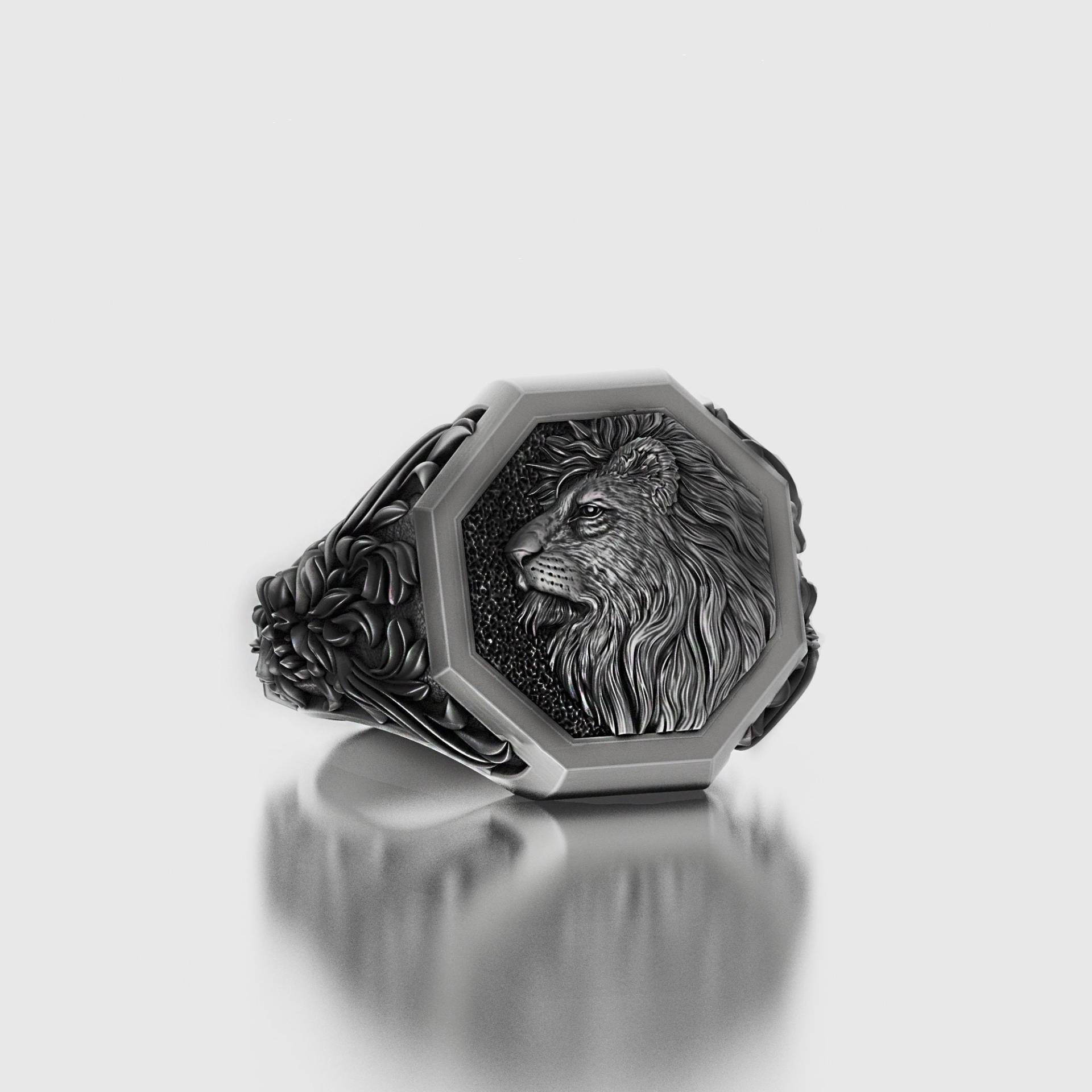 Silber Löwe Ring, Ornament, Blätter, Herrenring, Schmuck, Leo, Für Sie, Katze, Cougar Geschenk Für Ihn von AngeliosJewelry