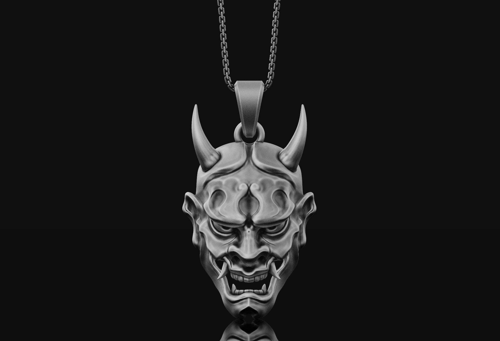 Silber Oni Maske Geist Halskette Dämon Anhänger Samurai Schmuck Japenese Geschenke Für Ihn Unisex Accessoire Asiatisch Cyberpunk von AngeliosJewelry