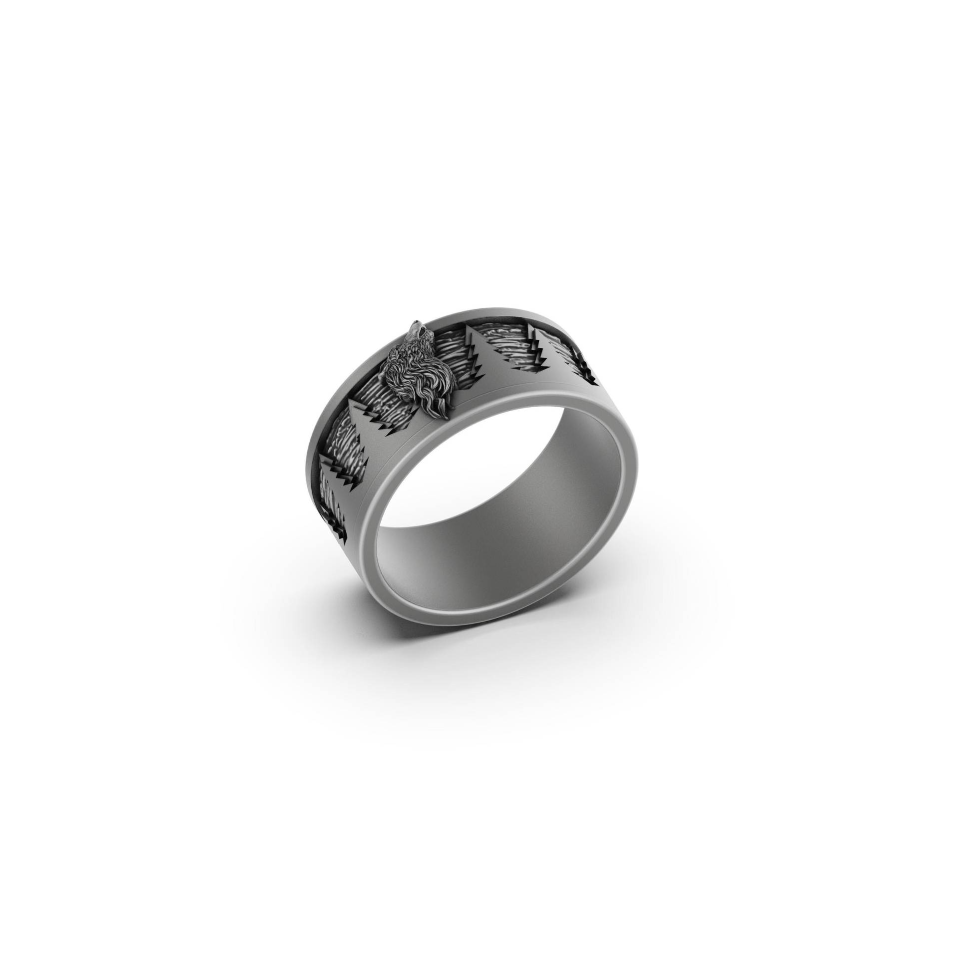 Silber Wolf Und Kiefernwald Ring, Herren Bandring, Hochzeit, Jahrestag, Verlobung, Versprechen, Personalisierter Unisex von AngeliosJewelry