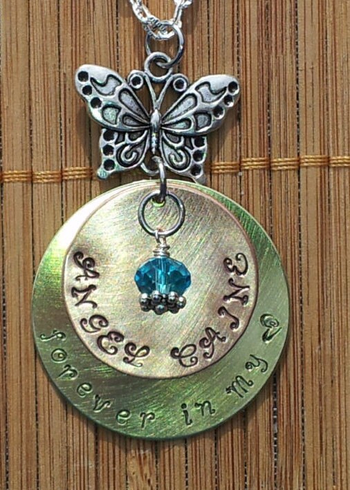 Haustier-Memorial-Halskette Handgestempeltes Kupfer & Messing, Geburtsstein-Kristall von Angellesque