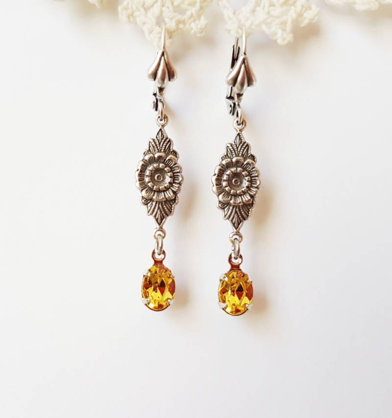 Victorian Style Swarovski Gelbtopas Ohrringe Florale Jugendstil Tropfen von Angellesque