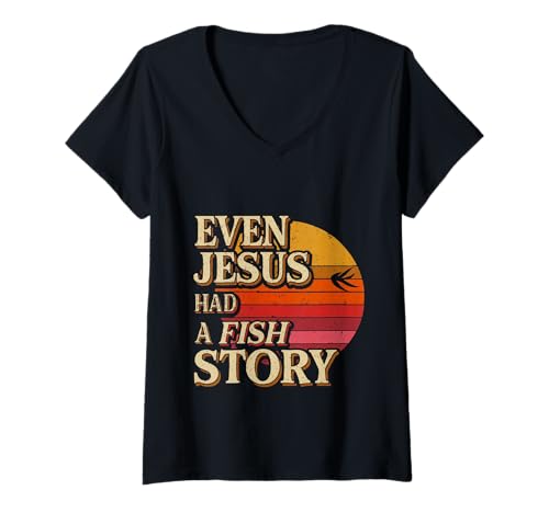 Damen Even Jesus Had A Fish Story Glaube Fischer |- T-Shirt mit V-Ausschnitt von Angeln Bibel Bestimmung