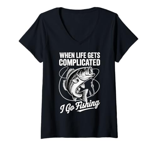 Damen When Life Gets Complicated I Go Fishing T-Shirt mit V-Ausschnitt Damen When Life Gets Complicated I Go Fishing T-Shirt mit V-Ausschnitt von Angeln Fischer Angler Natur