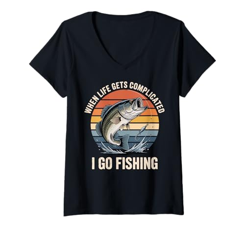 Damen When Life Gets Complicated I Go Fishing T-Shirt mit V-Ausschnitt Damen When Life Gets Complicated I Go Fishing T-Shirt mit V-Ausschnitt von Angeln Fischer Angler Natur
