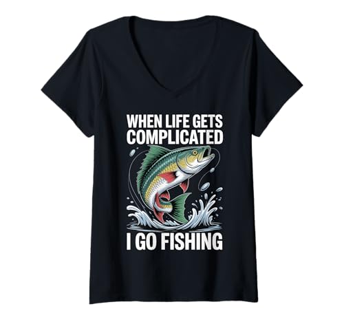 Damen When Life Gets Complicated I Go Fishing T-Shirt mit V-Ausschnitt Damen When Life Gets Complicated I Go Fishing T-Shirt mit V-Ausschnitt von Angeln Fischer Angler Natur