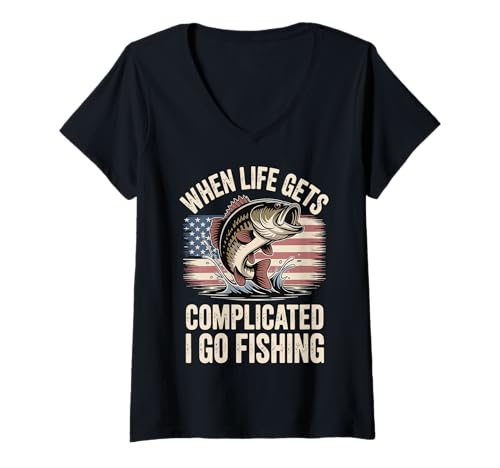 Damen When Life Gets Complicated I Go Fishing T-Shirt mit V-Ausschnitt Damen When Life Gets Complicated I Go Fishing T-Shirt mit V-Ausschnitt von Angeln Fischer Angler Natur