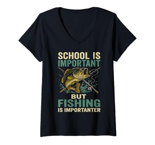 Damen School is Important But Fishing is Importanter T-Shirt mit V-Ausschnitt von Angeln Fischer Leidenschaft Hobby Natur