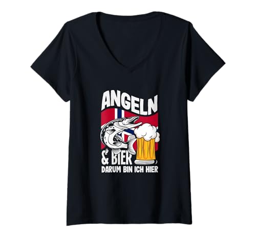 Damen Angeln Und Bier Darum Bin Ich Hier Norwegen Angeln T-Shirt mit V-Ausschnitt Damen Angeln Und Bier Darum Bin Ich Hier Norwegen Angeln T-Shirt mit V-Ausschnitt von Angeln Norwegen Geschenk Angler Spruch