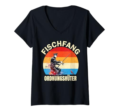 Damen Fischender Polizist – Angler Ordnungshüter Humor Fun Design T-Shirt mit V-Ausschnitt von Angeln Polizei Satire Alltag Freizeit Sommer Spaß