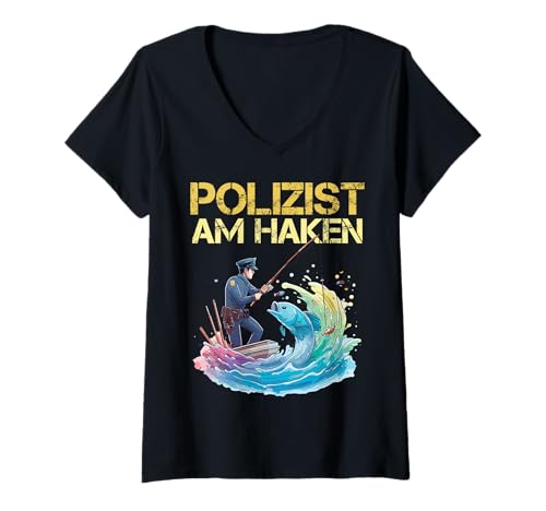 Damen Polizist angelt großen Fisch Humor Polizei Fun Fischer Motiv T-Shirt mit V-Ausschnitt von Angeln Polizei Spaß Beruf Freizeit Alltag Humor