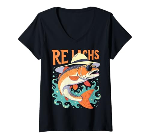 Damen Re Lachs Angler Relax Wortspiel Fischer Fischen Lachs Fisch T-Shirt mit V-Ausschnitt Damen Re Lachs Angler Relax Wortspiel Fischer Fischen Lachs Fisch T-Shirt mit V-Ausschnitt von Angeln Re Lachs Fischer Lustig Fischen Humor Angel