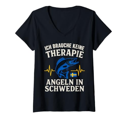 Damen Ich Brauche Keine Therapie Angeln In Schweden T-Shirt mit V-Ausschnitt von Angeln Schweden Therapie Natur Abenteuer Fischen